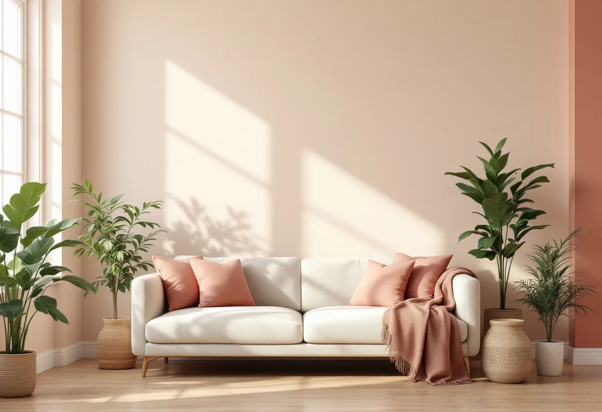 A freshly painted, sunlit living room in warm cream and clay tones